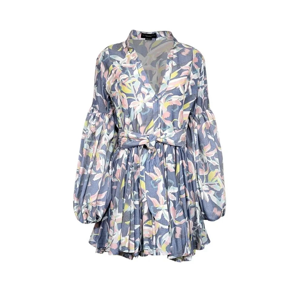 No Pise La Grama - Blue w/ Pastel Orchid Print Linen Blend Mini Dress Sz 10